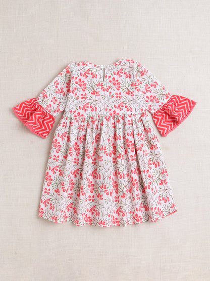 Floral Printed 3/4th Frill Sleeves Kurta & Sharara Set - Peach