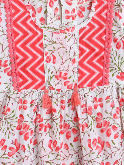 Floral Printed 3/4th Frill Sleeves Kurta & Sharara Set - Peach