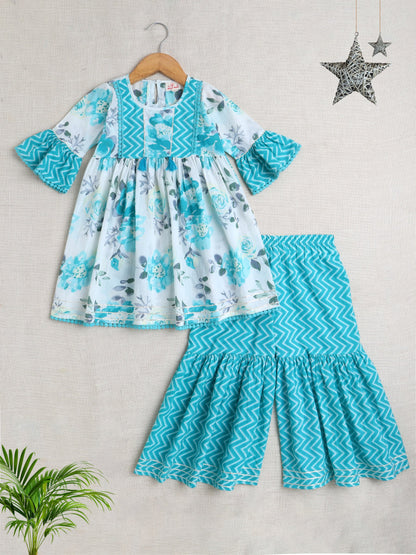 Floral Printed 3/4th Frill Sleeves Kurta & Sharara Set - Blue
