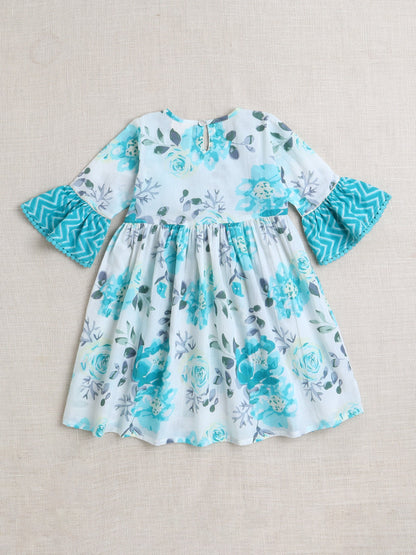 Floral Printed 3/4th Frill Sleeves Kurta & Sharara Set - Blue