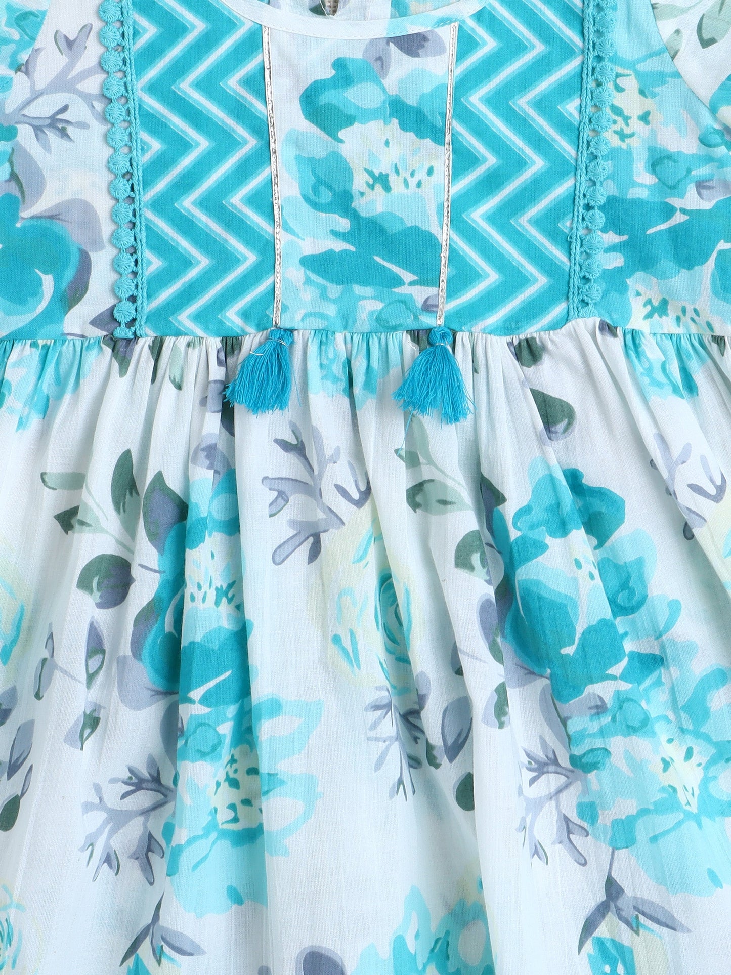 Floral Printed 3/4th Frill Sleeves Kurta & Sharara Set - Blue