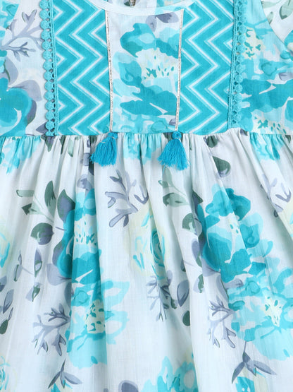 Floral Printed 3/4th Frill Sleeves Kurta & Sharara Set - Blue