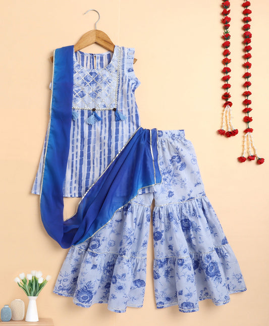 The Magic Wand Cotton woven Cambric Shibori Sleeveless Yoke Kurta and Floral Sharara Dupatta Set - Blue