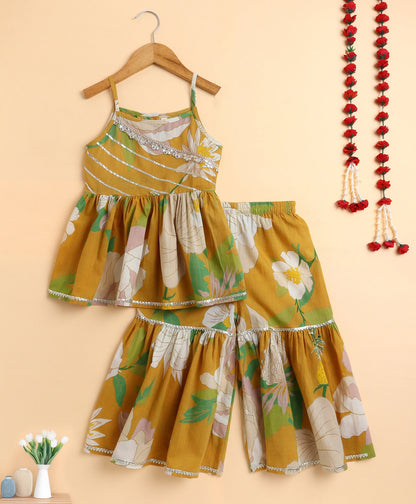 The Magic Wand Cambric Cotton woven Spagetti Big Floral Printed Top Sharara Set- Mustard
