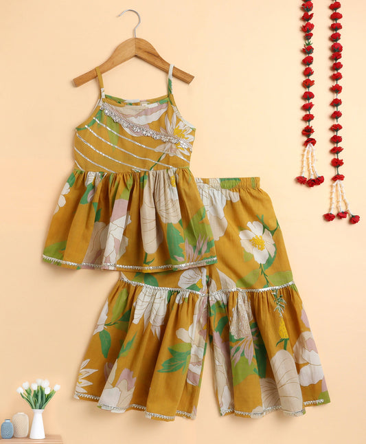 The Magic Wand Cambric Cotton woven Spagetti Big Floral Printed Top Sharara Set- Mustard