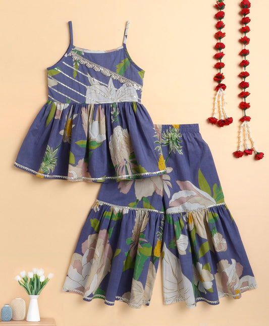 The Magic Wand Cambric Cotton woven Spagetti Big Floral Printed Top Sharara Set- Blue