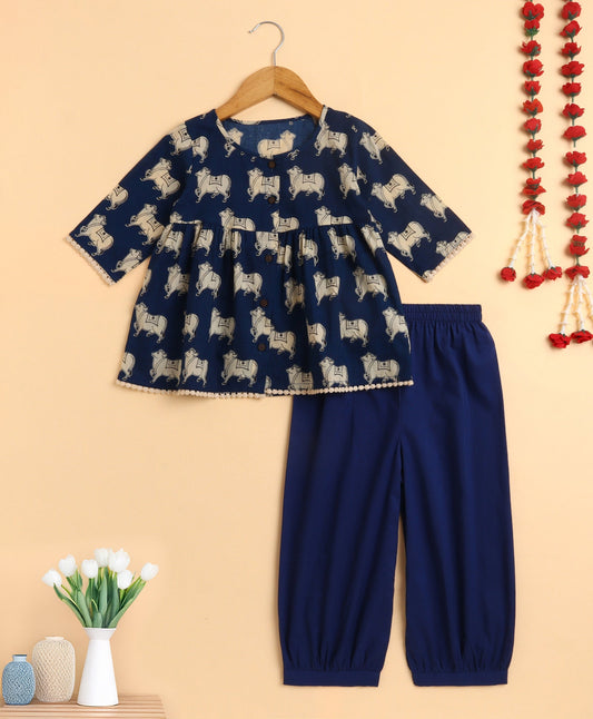 The Magic Wand Cambric Cotton Three Fourth Sleeves Cow Printed Kurta and Bottom Set- Navy Blue