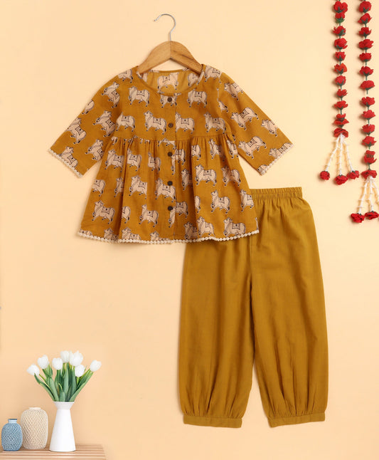 The Magic Wand Cambric Cotton Three Fourth Sleeves Cow Printed Kurta and Bottom Set- Mustard