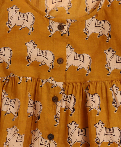 The Magic Wand Cambric Cotton Three Fourth Sleeves Cow Printed Kurta and Bottom Set- Mustard