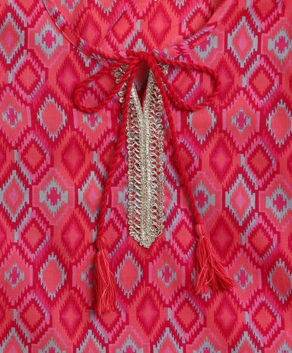 The Magic Wand Cambric Cotton Shoulder Three Fourth Sleeves Ikat Printed Kurta Sharara Set- Fuchsia