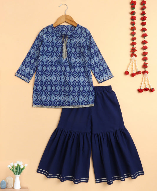 The Magic Wand Cambric Cotton Shoulder Three Fourth Sleeves Ikat Printed Kurta Sharara Set- Blue
