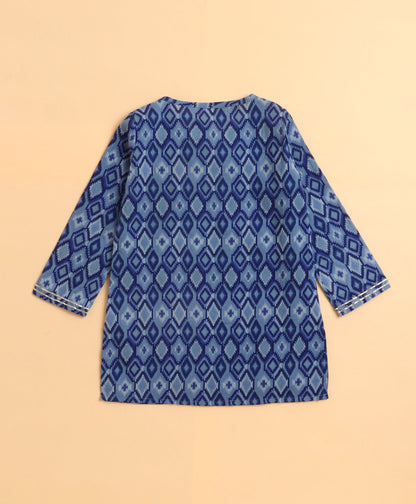 The Magic Wand Cambric Cotton Shoulder Three Fourth Sleeves Ikat Printed Kurta Sharara Set- Blue
