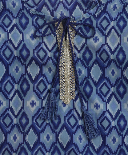 The Magic Wand Cambric Cotton Shoulder Three Fourth Sleeves Ikat Printed Kurta Sharara Set- Blue