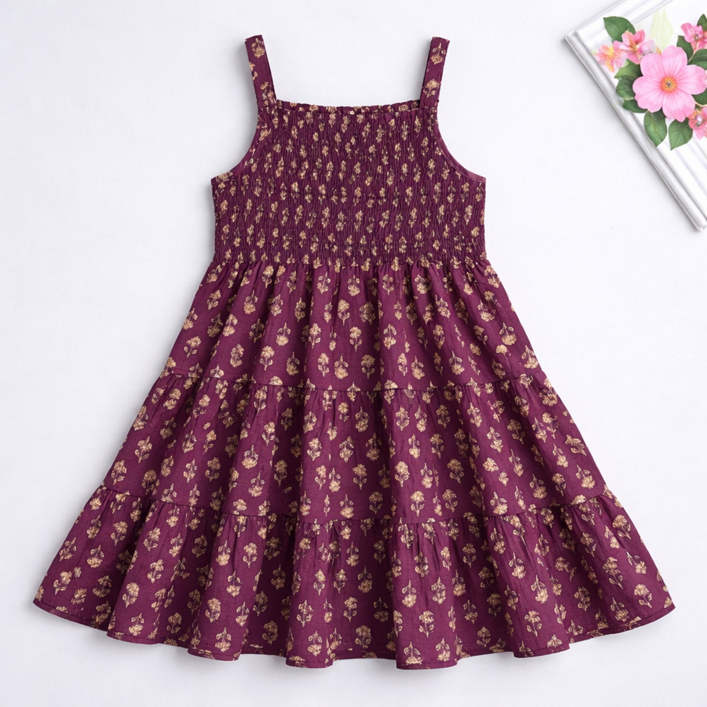 The Magic Wand Cotton Woven Strappy Floral Printed Smocked Fit & Flare Dress - Purple