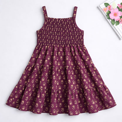 The Magic Wand Cotton Woven Strappy Floral Printed Smocked Fit & Flare Dress - Purple