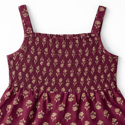 The Magic Wand Cotton Woven Strappy Floral Printed Smocked Fit & Flare Dress - Purple