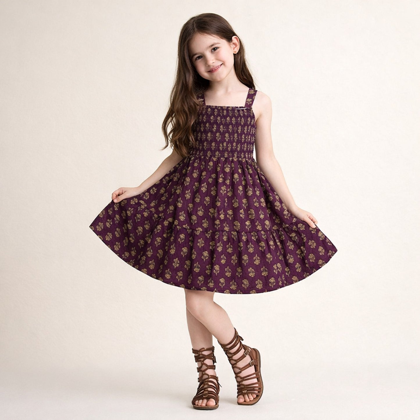 The Magic Wand Cotton Woven Strappy Floral Printed Smocked Fit & Flare Dress - Purple