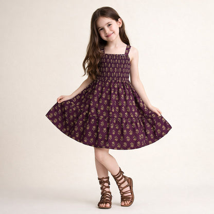 The Magic Wand Cotton Woven Strappy Floral Printed Smocked Fit & Flare Dress - Purple