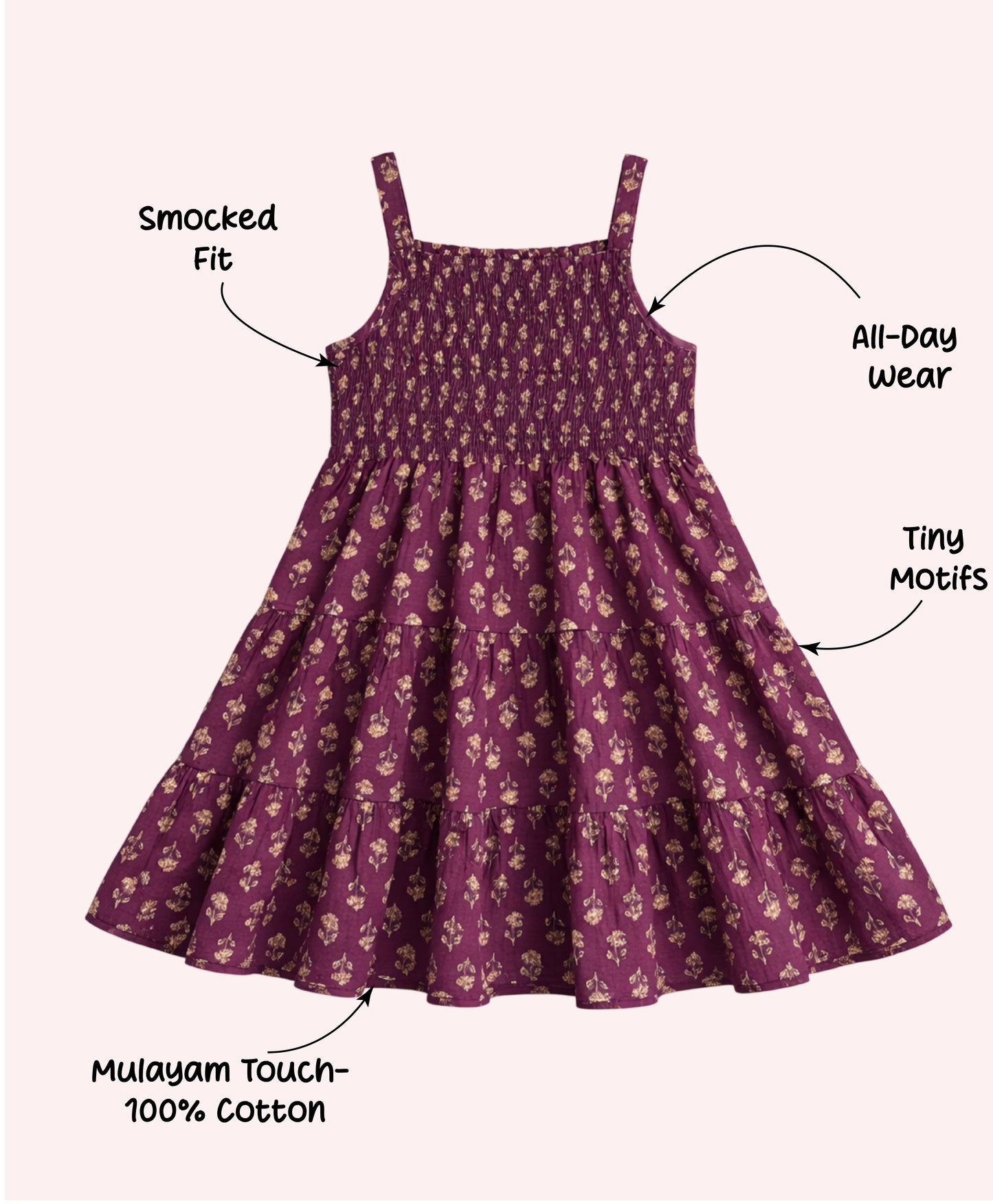 The Magic Wand Cotton Woven Strappy Floral Printed Smocked Fit & Flare Dress - Purple