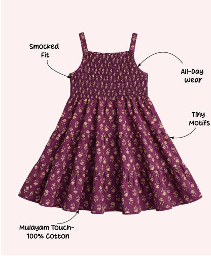 The Magic Wand Cotton Woven Strappy Floral Printed Smocked Fit & Flare Dress - Purple