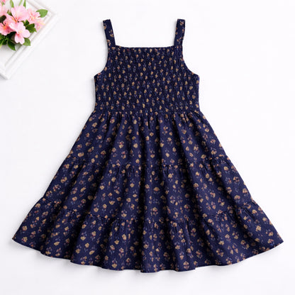 The Magic Wand Cotton Woven Strappy Floral Printed Smocked Fit & Flare Dress - Navy Blue