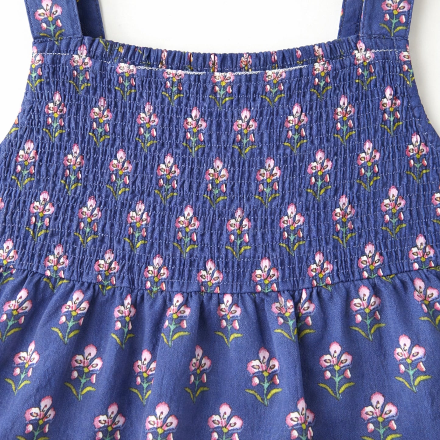 The Magic Wand Cotton Woven Strappy Floral Printed Smocked Fit & Flare Dress - Navy Blue