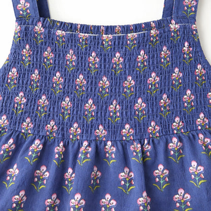 The Magic Wand Cotton Woven Strappy Floral Printed Smocked Fit & Flare Dress - Navy Blue