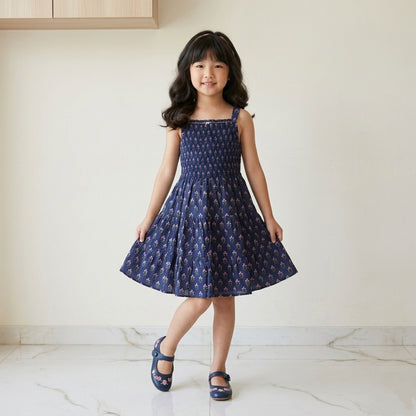 The Magic Wand Cotton Woven Strappy Floral Printed Smocked Fit & Flare Dress - Navy Blue