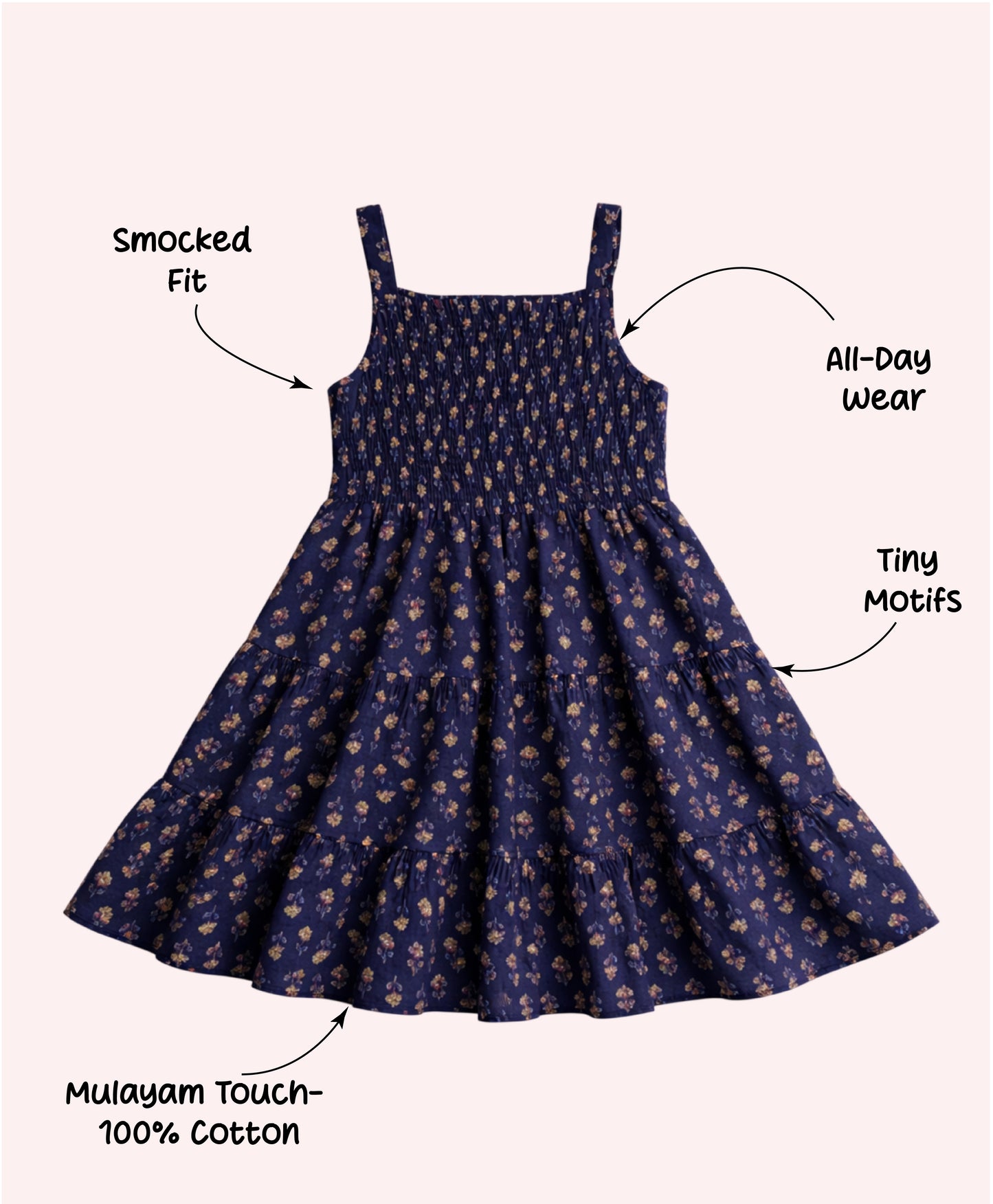 The Magic Wand Cotton Woven Strappy Floral Printed Smocked Fit & Flare Dress - Navy Blue