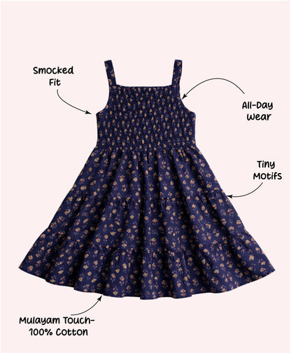 The Magic Wand Cotton Woven Strappy Floral Printed Smocked Fit & Flare Dress - Navy Blue
