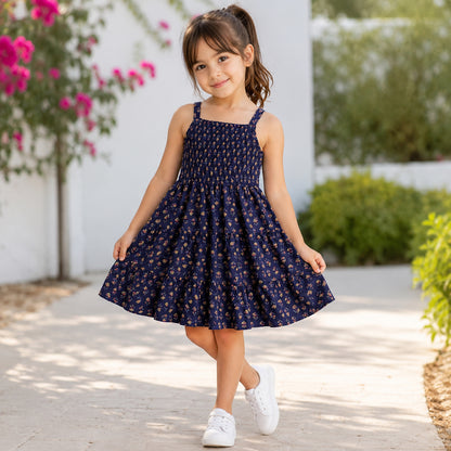 The Magic Wand Cotton Woven Strappy Floral Printed Smocked Fit & Flare Dress - Navy Blue