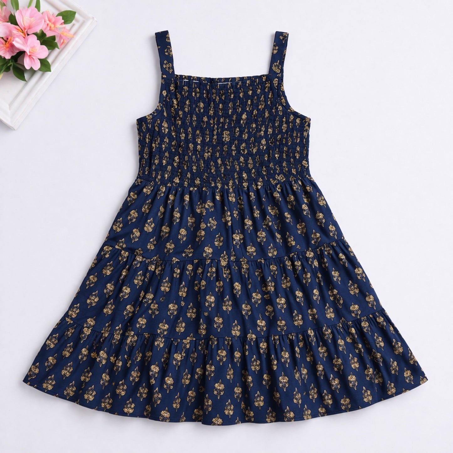 The Magic Wand Cotton Woven Sleeveless Floral Printed Smocked Fit & Flare Dress - Navy Blue