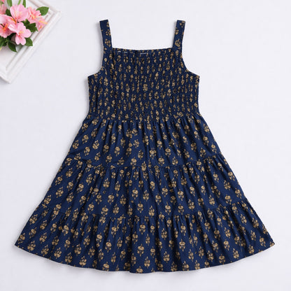 The Magic Wand Cotton Woven Sleeveless Floral Printed Smocked Fit & Flare Dress - Navy Blue