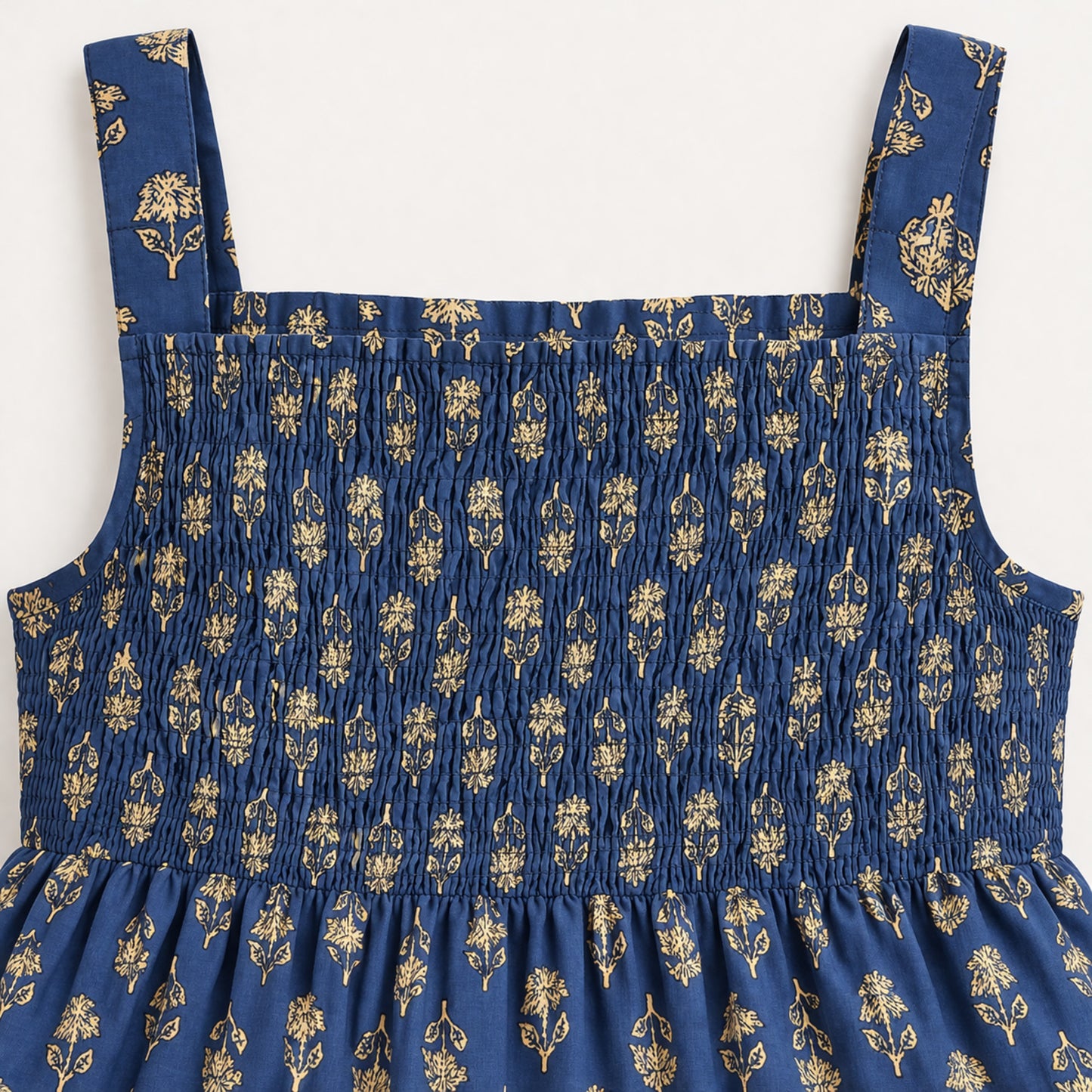 The Magic Wand Cotton Woven Sleeveless Floral Printed Smocked Fit & Flare Dress - Navy Blue