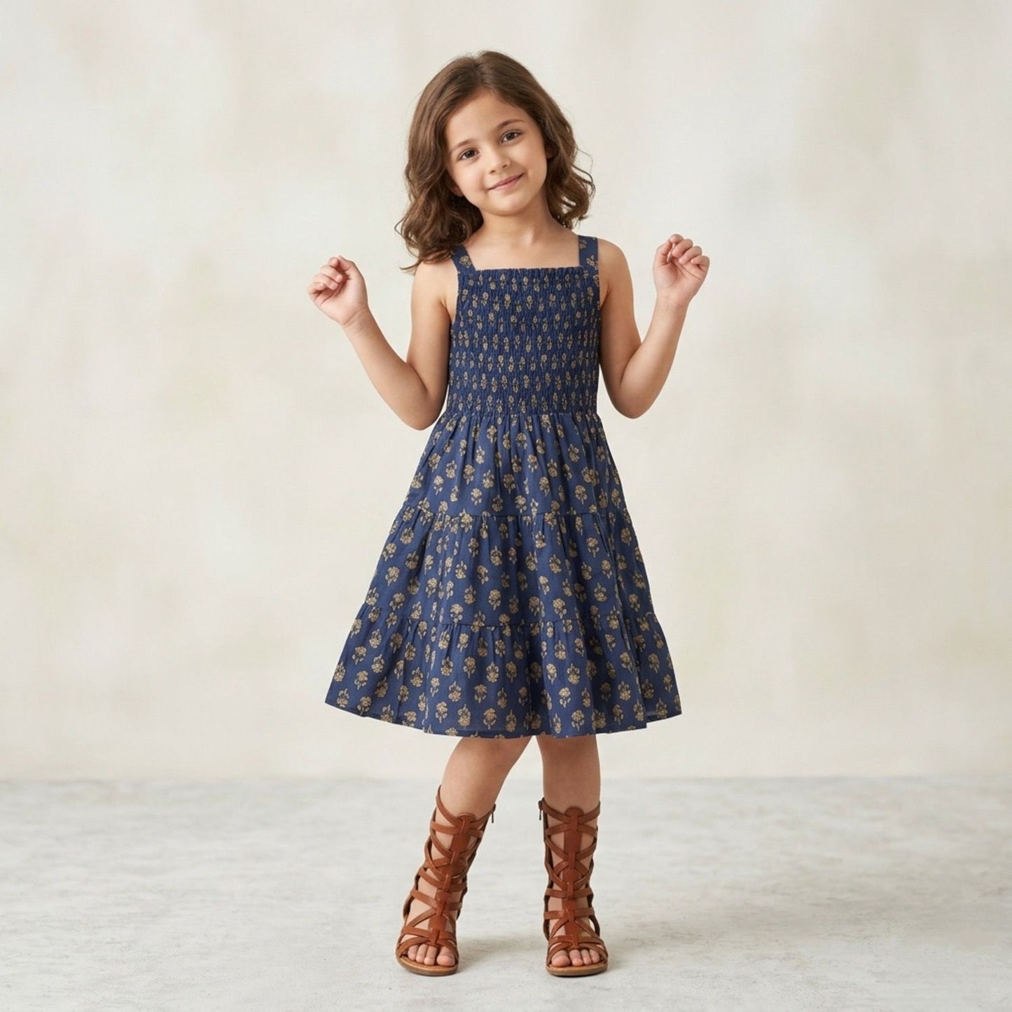 The Magic Wand Cotton Woven Sleeveless Floral Printed Smocked Fit & Flare Dress - Navy Blue