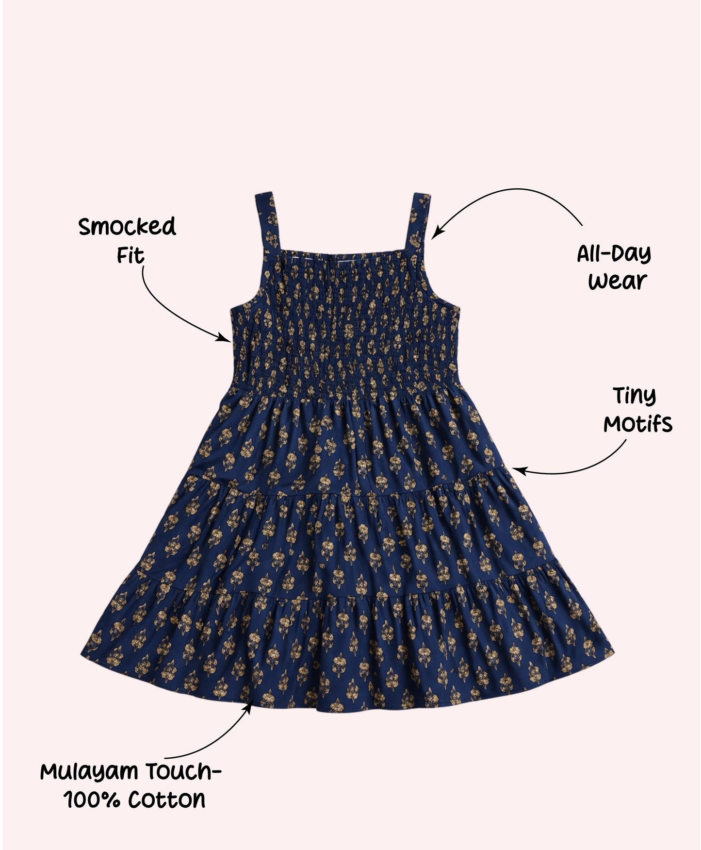 The Magic Wand Cotton Woven Sleeveless Floral Printed Smocked Fit & Flare Dress - Navy Blue