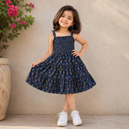 The Magic Wand Cotton Woven Sleeveless Floral Printed Smocked Fit & Flare Dress - Navy Blue