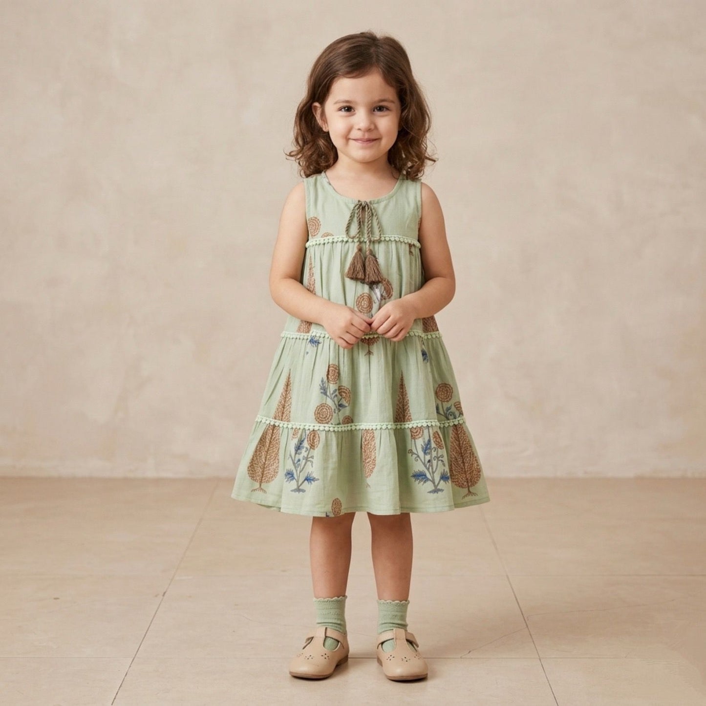 The Magic Wand Cotton Woven Sleeveless Floral Printed Tiered A-Line Dress - Green