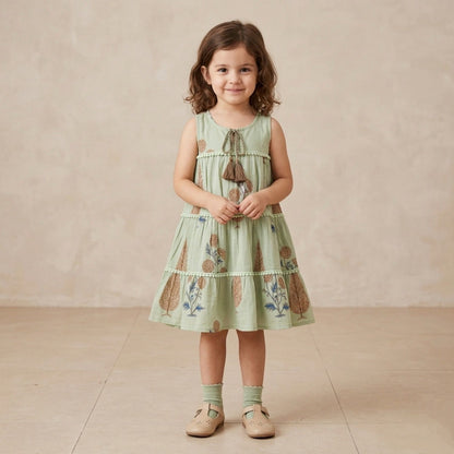 The Magic Wand Cotton Woven Sleeveless Floral Printed Tiered A-Line Dress - Green
