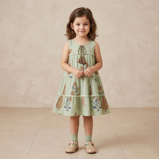 The Magic Wand Cotton Woven Sleeveless Floral Printed Tiered A-Line Dress - Green