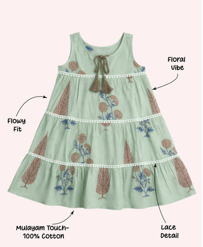 The Magic Wand Cotton Woven Sleeveless Floral Printed Tiered A-Line Dress - Green