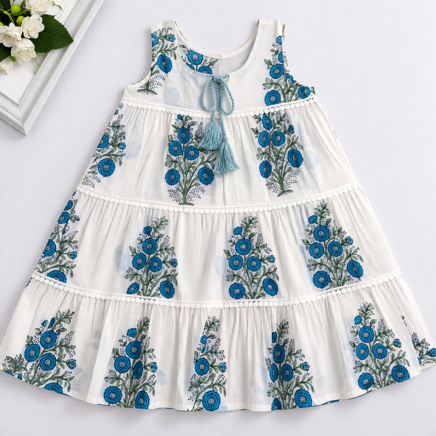 The Magic Wand Cotton Woven Sleeveless Floral Printed Tiered A-Line Dress - Navy Blue