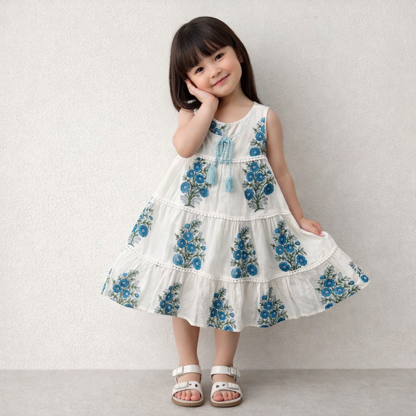 The Magic Wand Cotton Woven Sleeveless Floral Printed Tiered A-Line Dress - Navy Blue