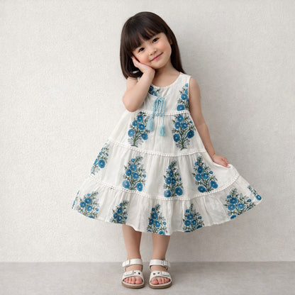 The Magic Wand Cotton Woven Sleeveless Floral Printed Tiered A-Line Dress - Navy Blue