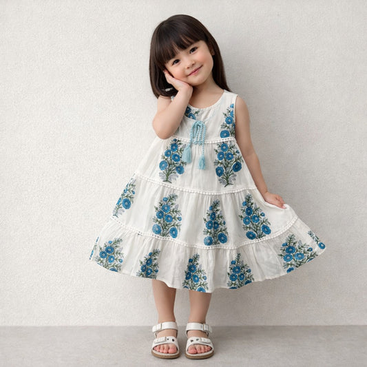 The Magic Wand Cotton Woven Sleeveless Floral Printed Tiered A-Line Dress - Navy Blue
