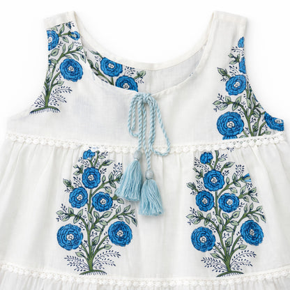 The Magic Wand Cotton Woven Sleeveless Floral Printed Tiered A-Line Dress - Navy Blue