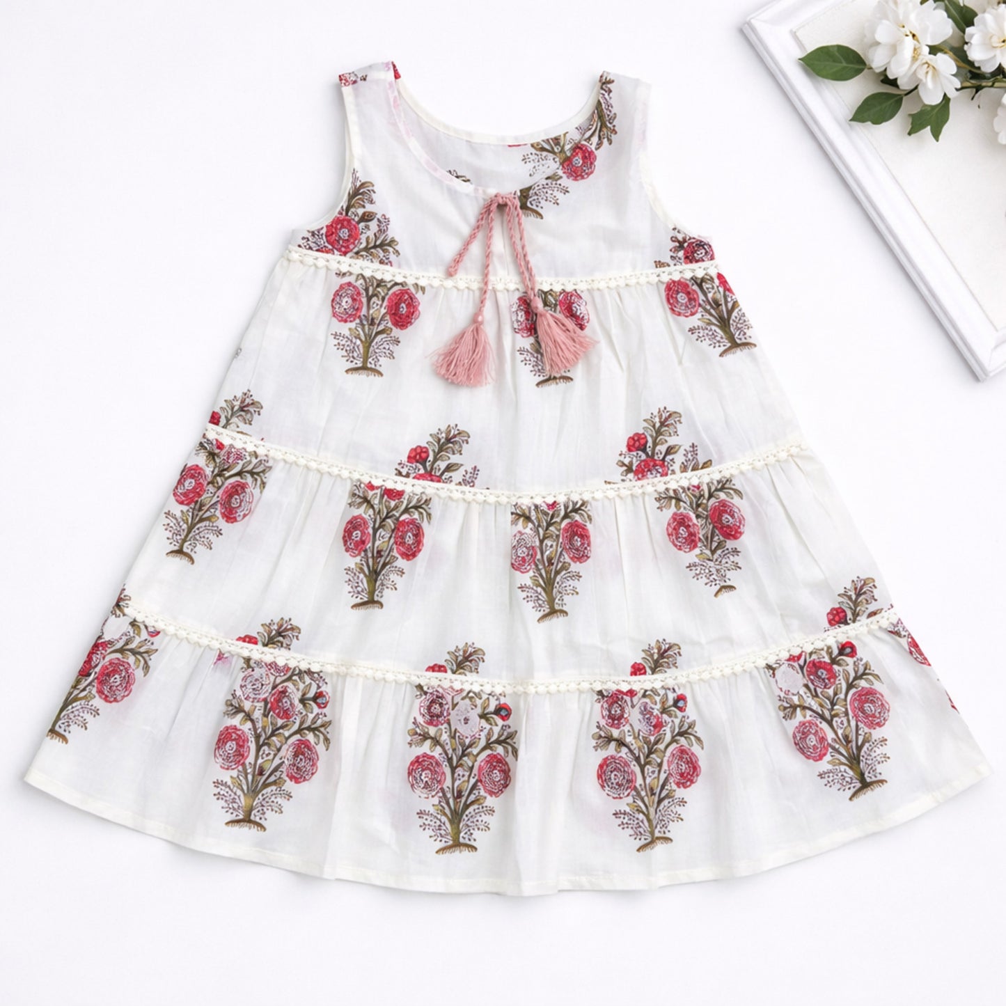 The Magic Wand Cotton Woven Sleeveless Floral Printed Tiered A-Line Dress - Fuchsia