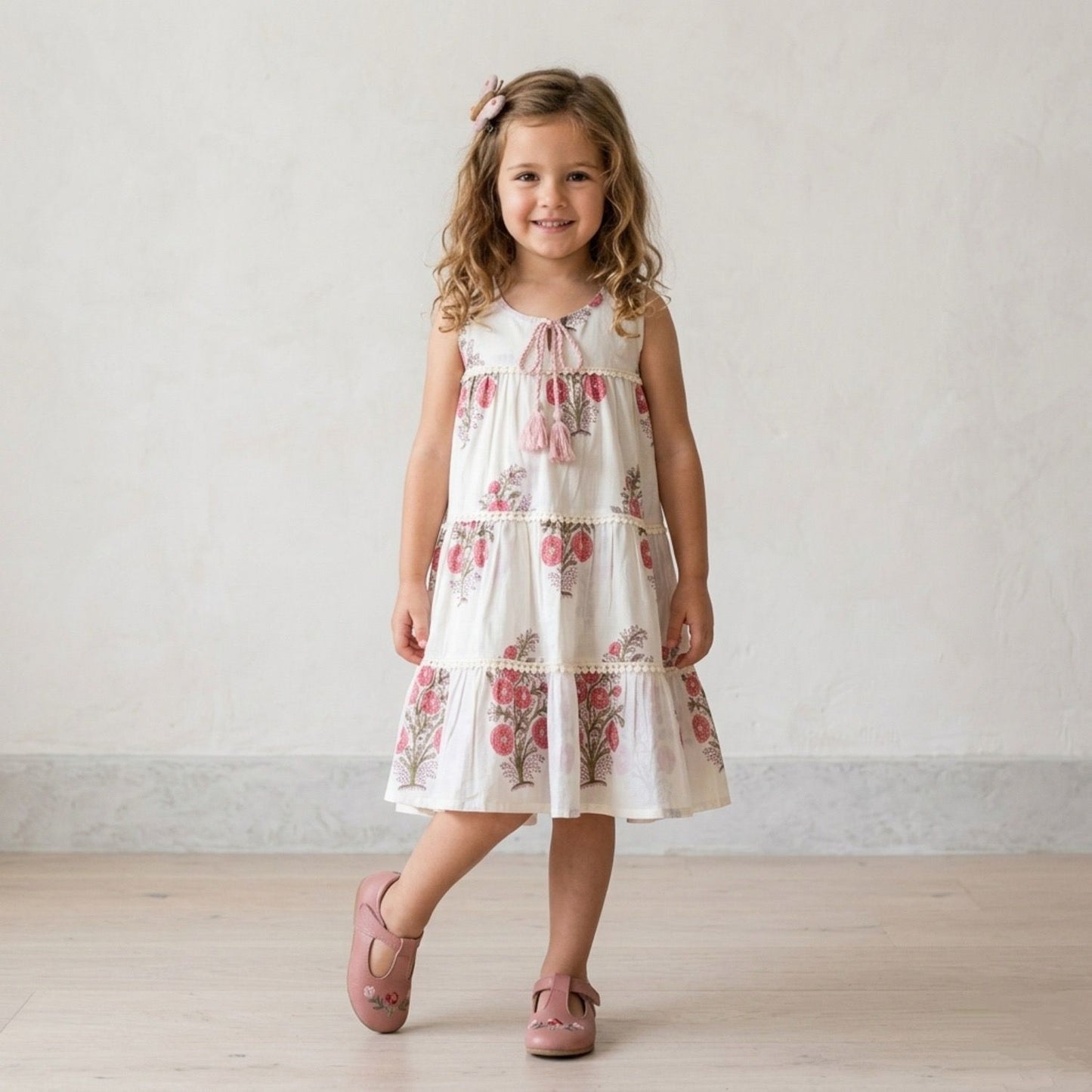 The Magic Wand Cotton Woven Sleeveless Floral Printed Tiered A-Line Dress - Fuchsia
