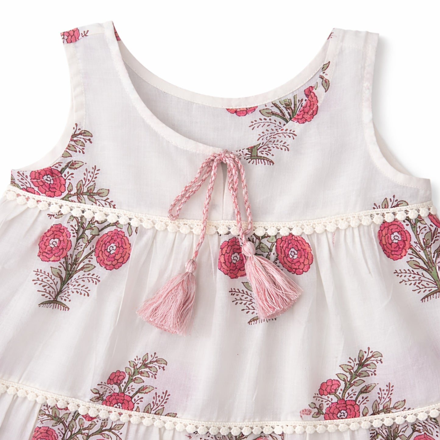 The Magic Wand Cotton Woven Sleeveless Floral Printed Tiered A-Line Dress - Fuchsia