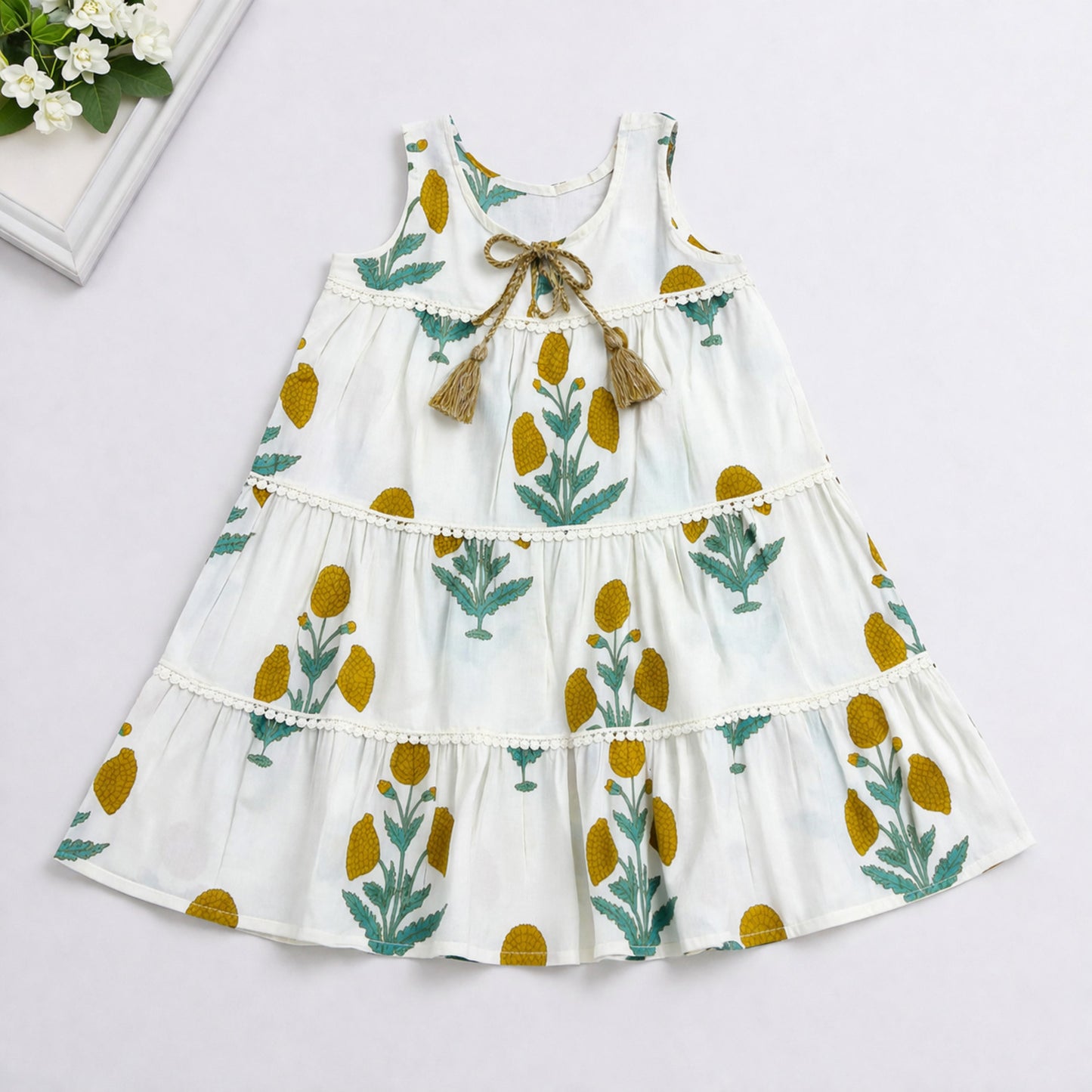 The Magic Wand Cotton Woven Sleeveless Floral Printed Tiered A-Line Dress - White